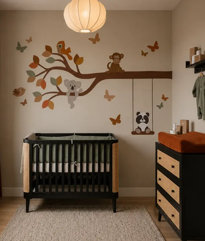Terracotta met groen babykamer met tak met vrolijke dieren